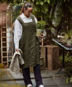 Cross Back Apron Army Green Stonewashed Linen