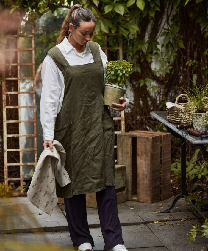Cross Back Apron Army Green Stonewashed Linen