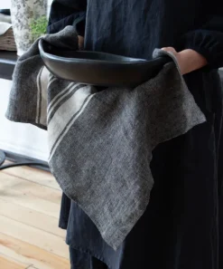 Twill Tea Towel Charcoal with Narrow Natural Stripes